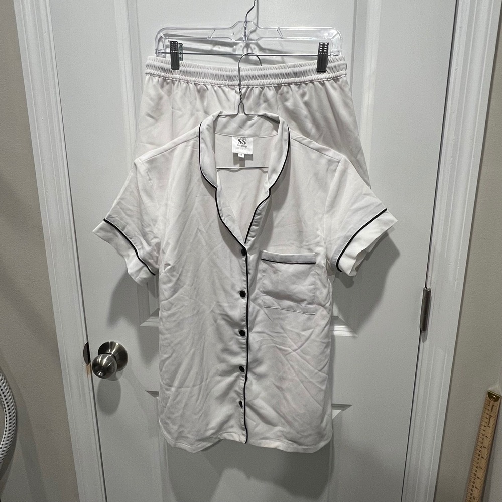 SS Weddings Womens Pajama Set Contrast Piping White Small Flawed